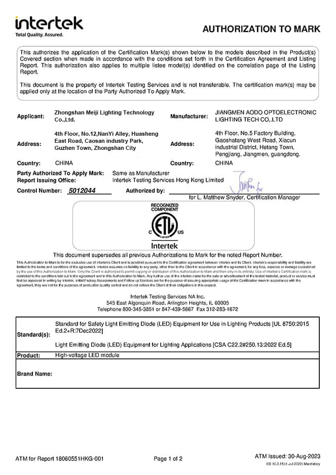 LED Moudel ETLcertification